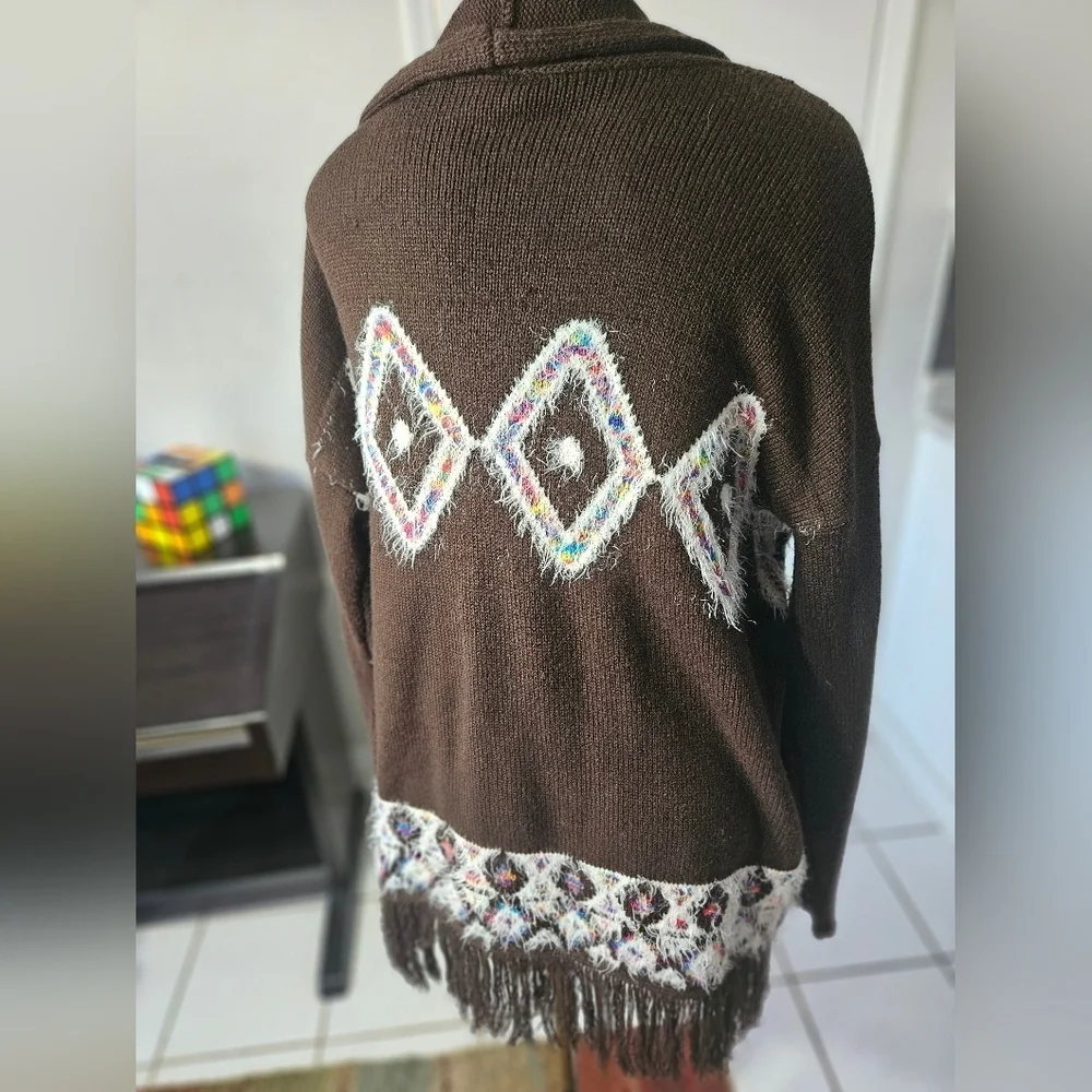 Long Brown Fringed Cardigan, Sz L, New Directions, Boho Aztec Pattern